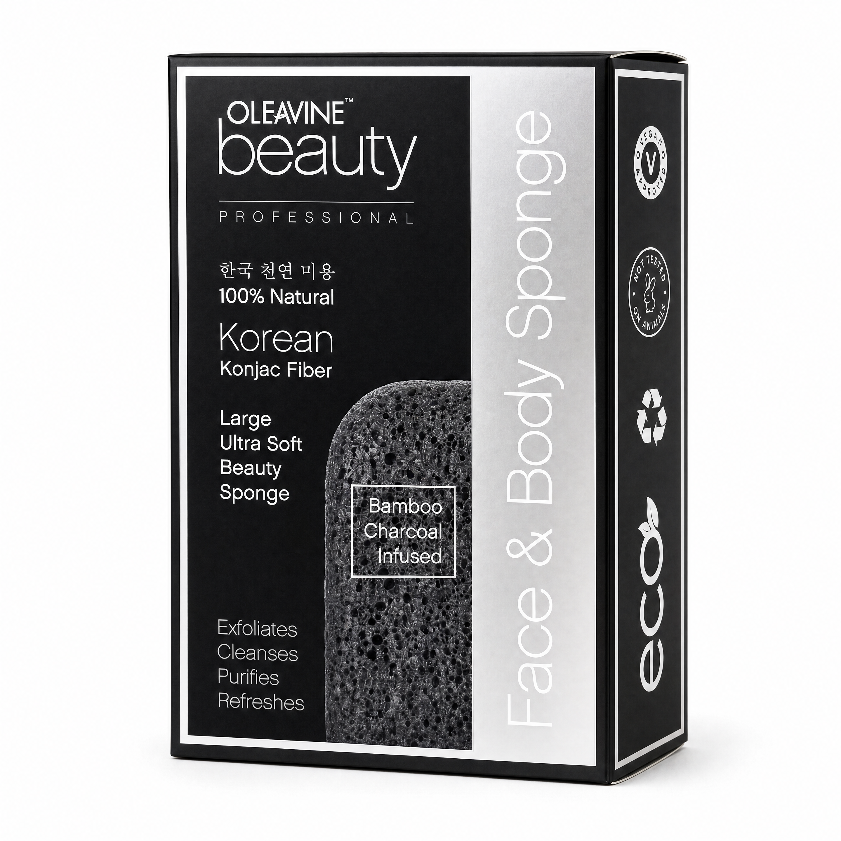 Konjac Sponge Bamboo Charcoal - Oleavine Beauty Professional | Face and Body Sponge | Deep Cleansing Natural Sponge | K-Beauty | Handmade in Jeju Korea | Oily Acne Prone Skin