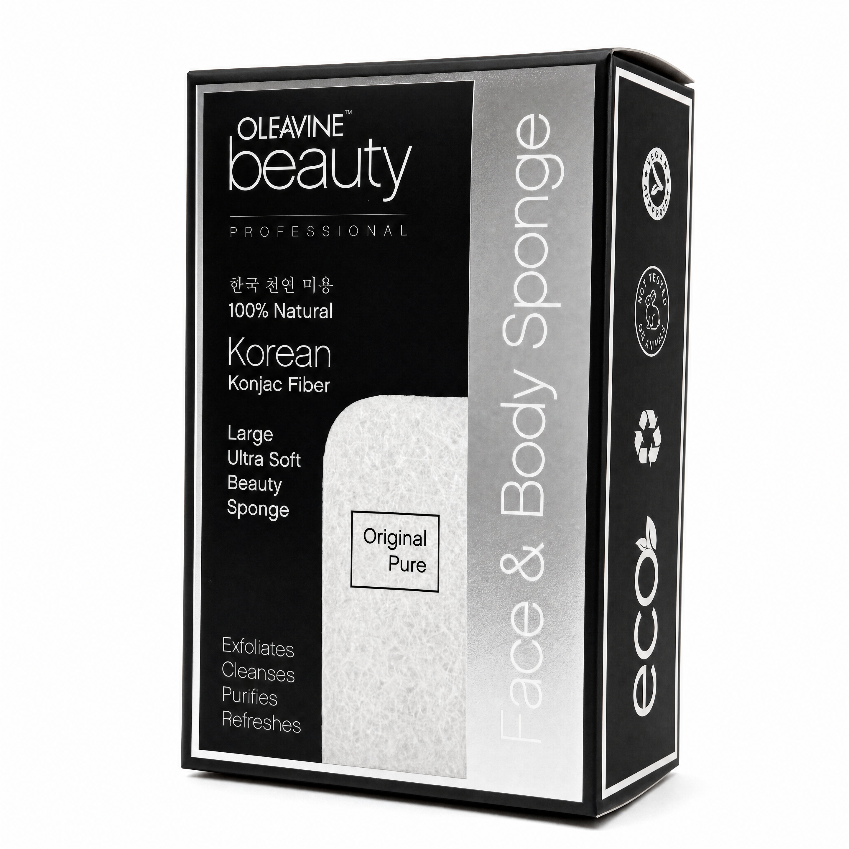 Konjac Sponge Bamboo - Oleavine Beauty Professional | Face and Body Sponge | Deep Cleansing Natural Sponge | K-Beauty | Handmade in Jeju Korea | Oily Acne Prone Skin (Pure)