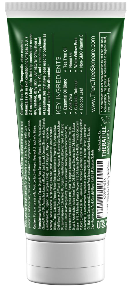 Oleavine TheraTree Lotion back label - omegas 3, 6, 7, 9 from sacha inchi and rosehip