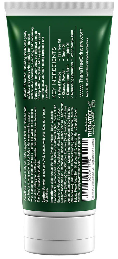 Oleavine TheraTree Exfoliating Scrub back label - natural pumice powder and peppermint