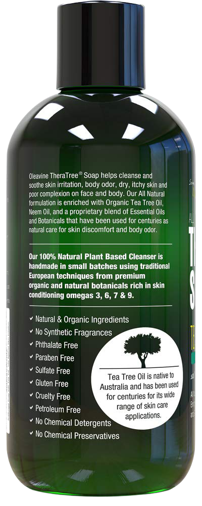 Oleavine TheraTree Soap side view - plant powered cleanser for body acne, eczema, and body odor