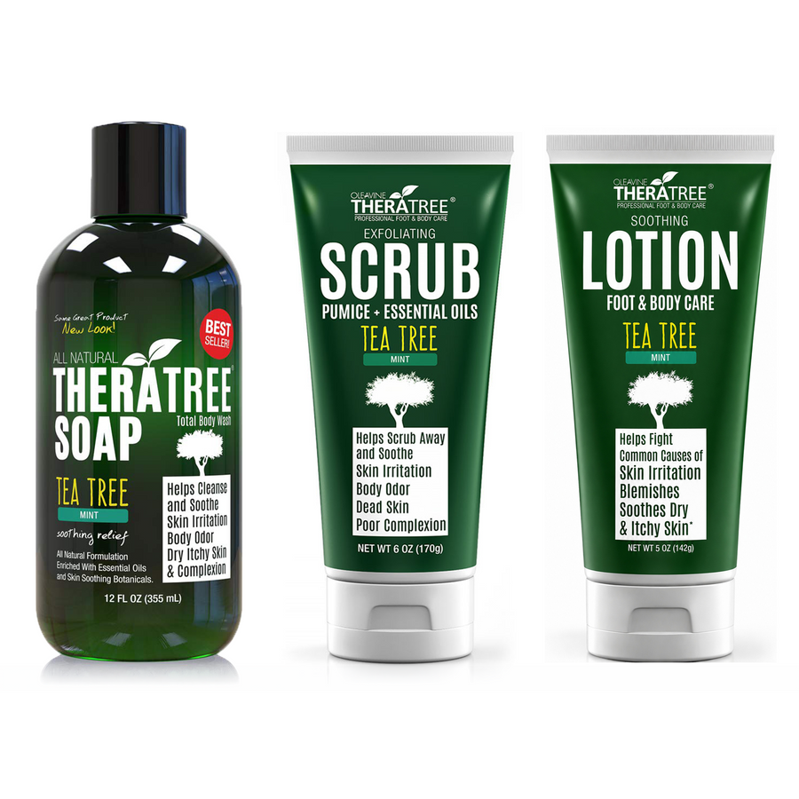 The TheraTree Trio Bundle - Soap, Exfoliating Scrub, and Lotion body care set with tea tree oil